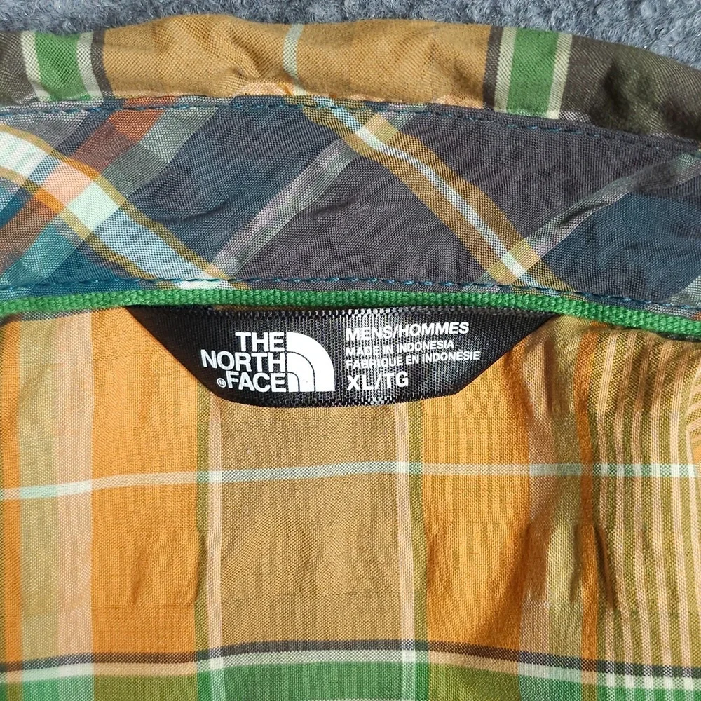 The North Face Plaid Button Up Shirt Mens XL Short Sleeve Orange Green Hiking